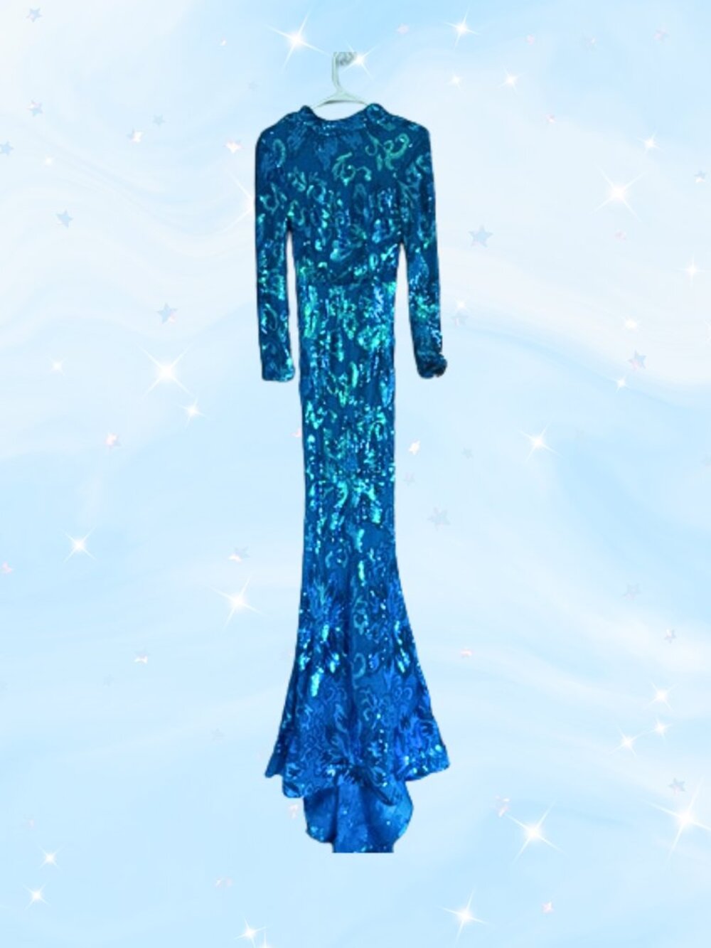 Stunning bedazzled blue gown, sparkles, bold, glamorous